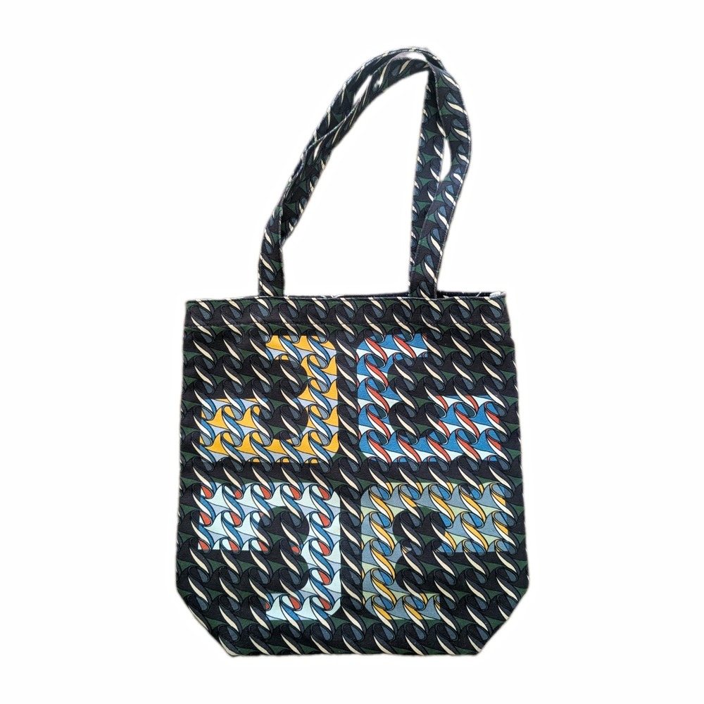 Tory Burch Swan Curly Ribbon Geometric Canvas Tote Bag Black Multicolor 2 Looks